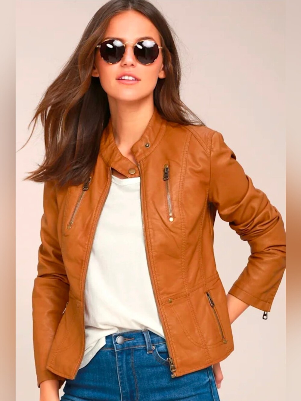 NWOT Lulu's Peace of Mind Vegan Leather Tan Moto Jacket Small